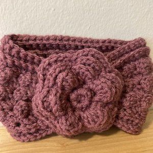 Infant Girls Winter Crochet Cinched Bow Headband Ear Warmer - Eggplant